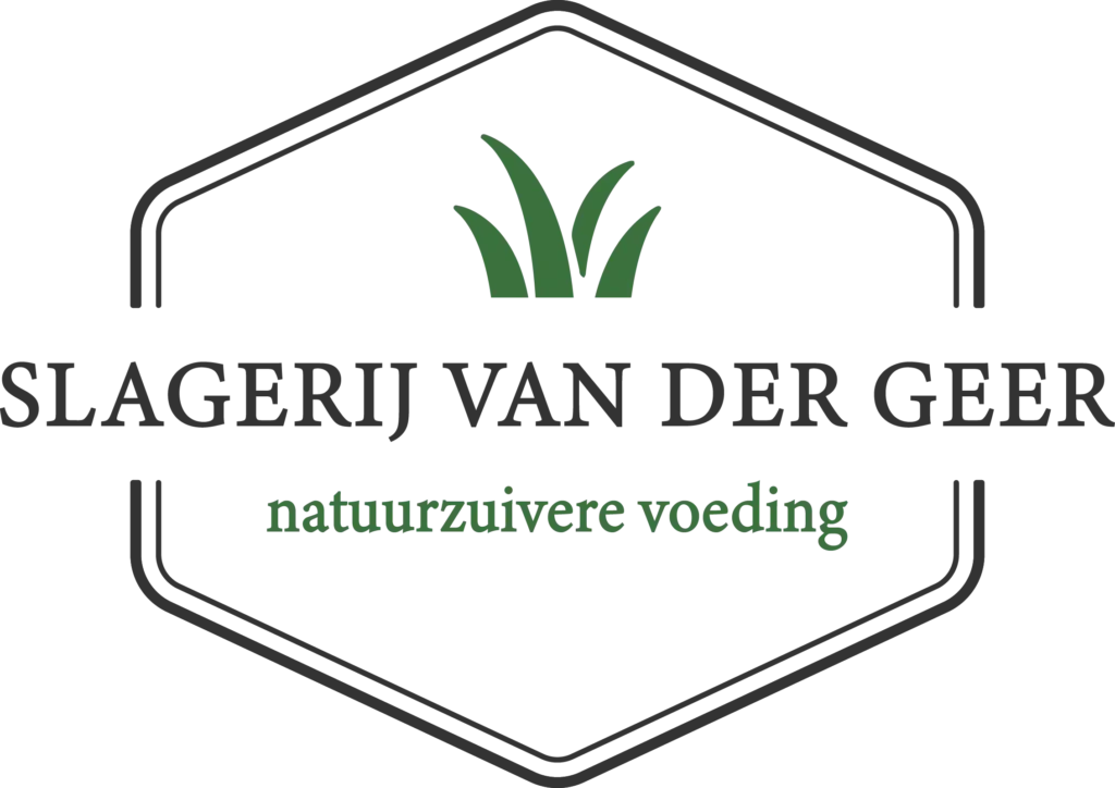 Logo van slagerij met groene grasspriet en tekst natuurlijke voeding