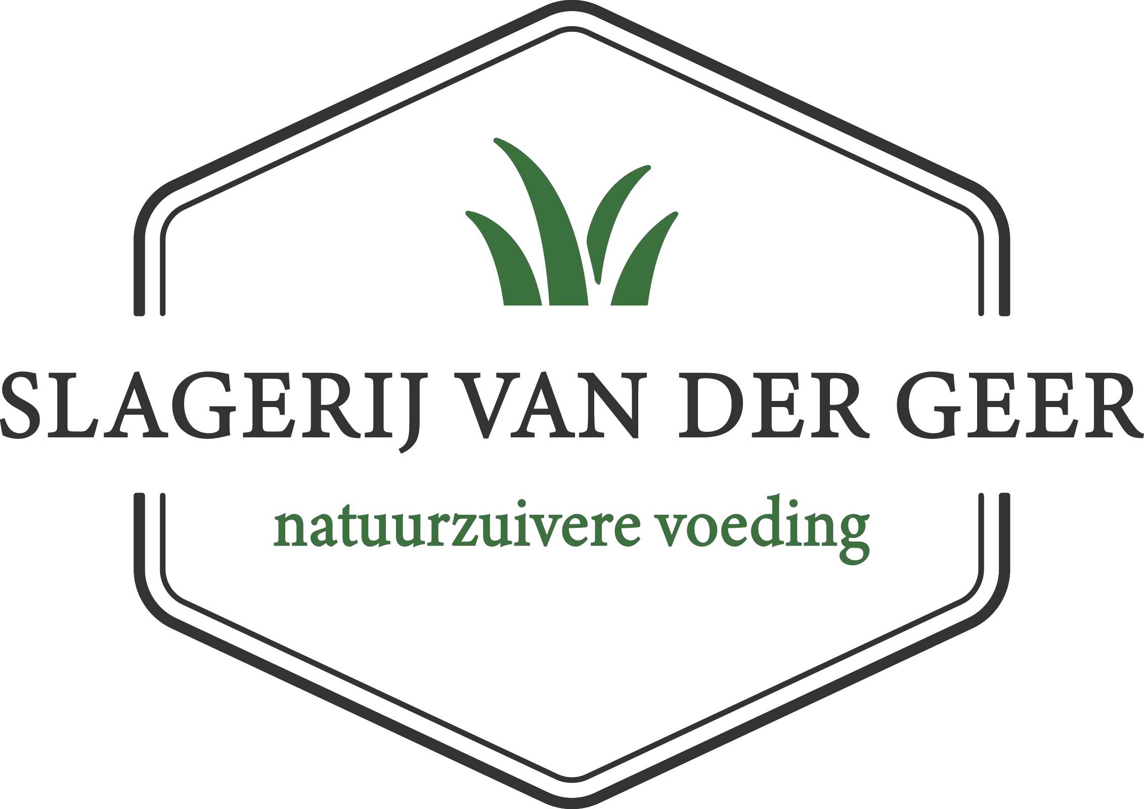 Logo van slagerij met groene grasspriet en tekst natuurlijke voeding